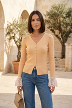 Apricot lace-cuff knit top, simulated colour