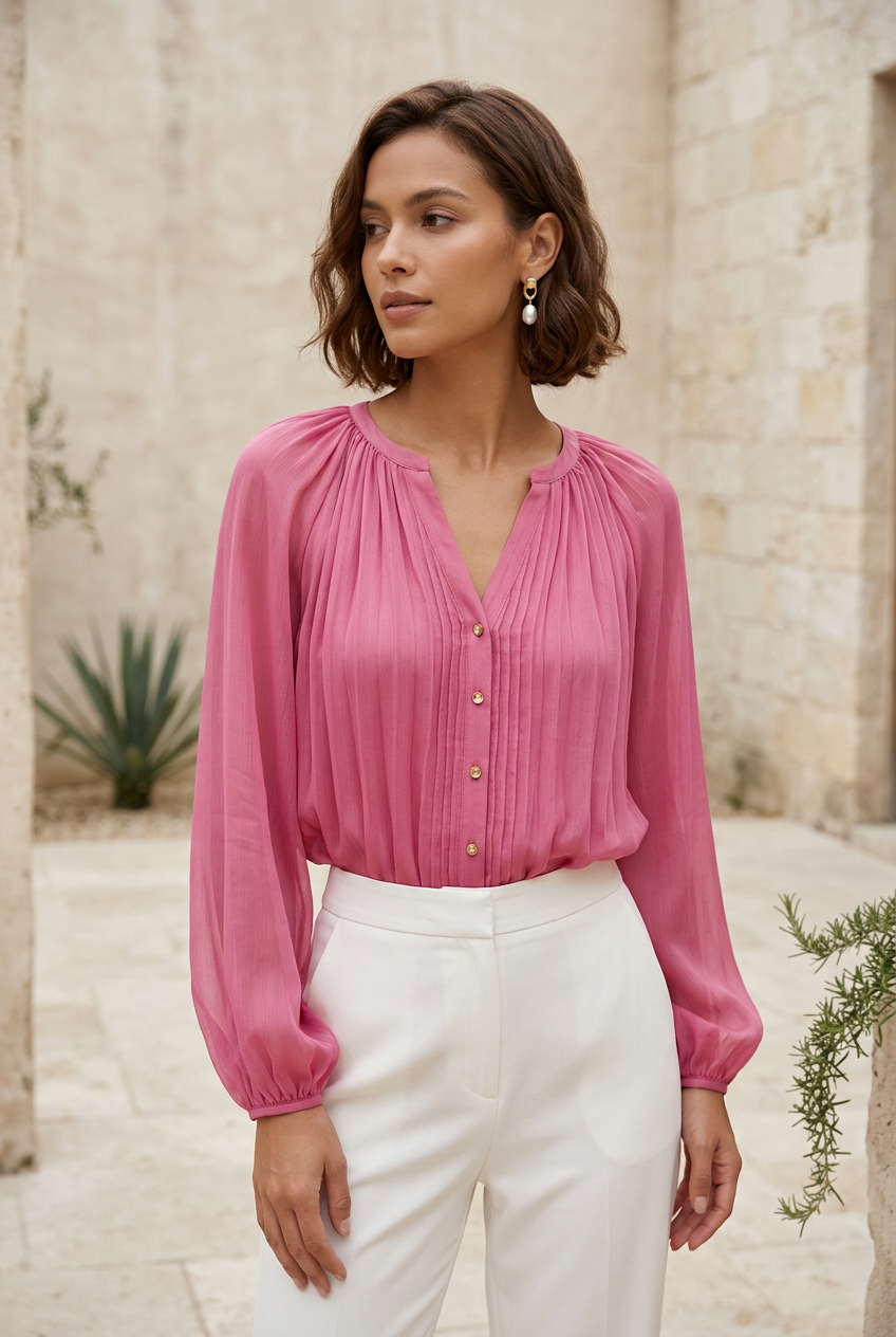 Rose Pink Pleated Long-Sleeve Blouse