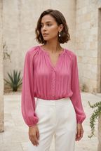 Rose Pink Pleated Long-Sleeve Blouse