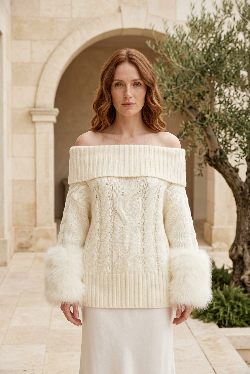 Essence ivory sweater with a red-haired model on a stone terrace