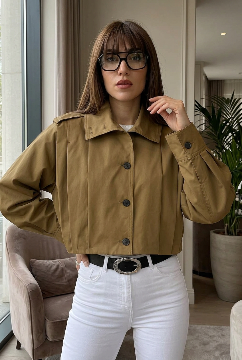Terre jacket front detail indoors