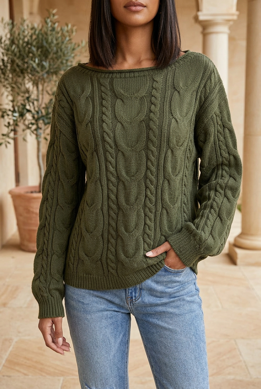 Quotidien olive cable-knit sweater, front view
