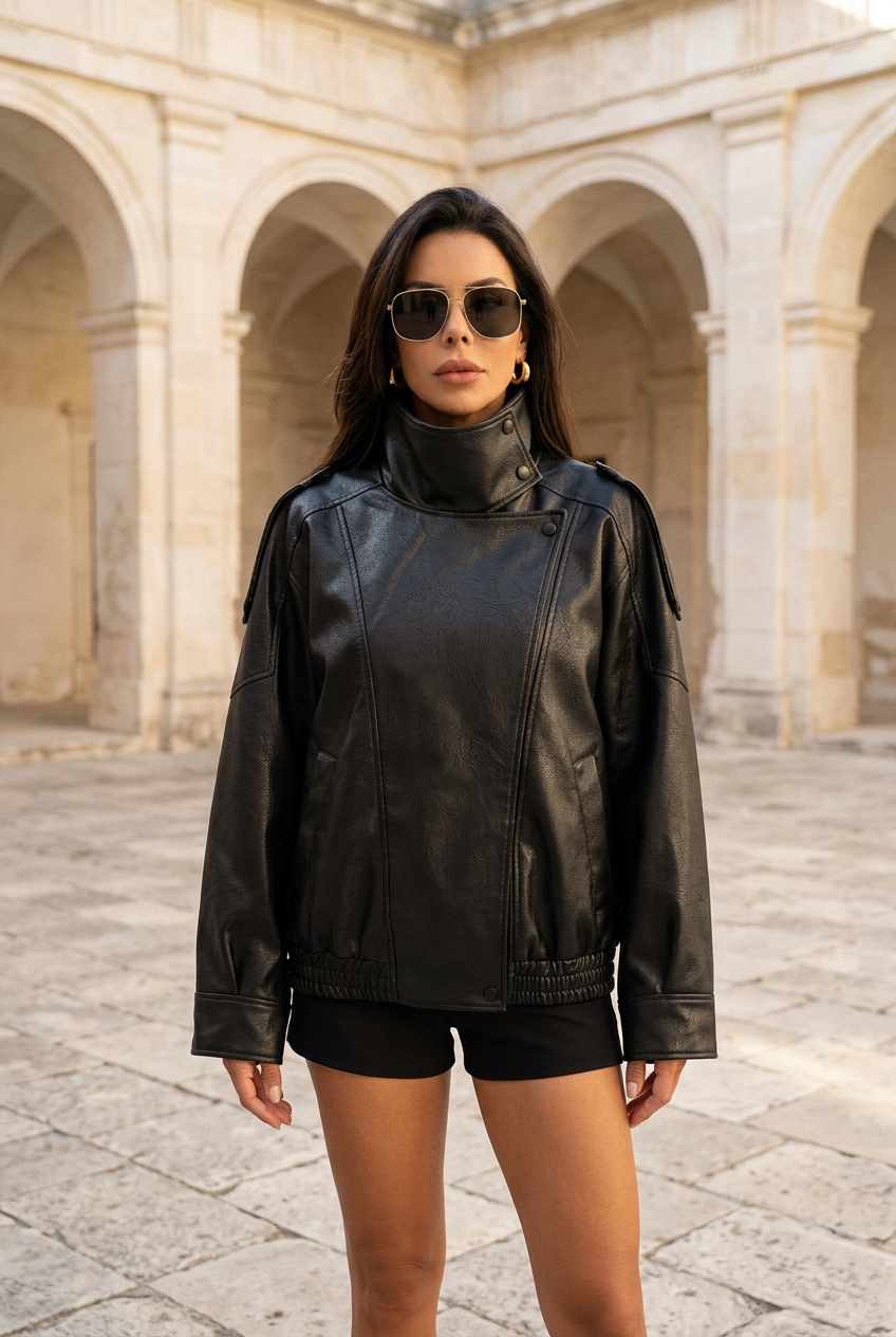 Nocturne black bomber in a stone courtyard