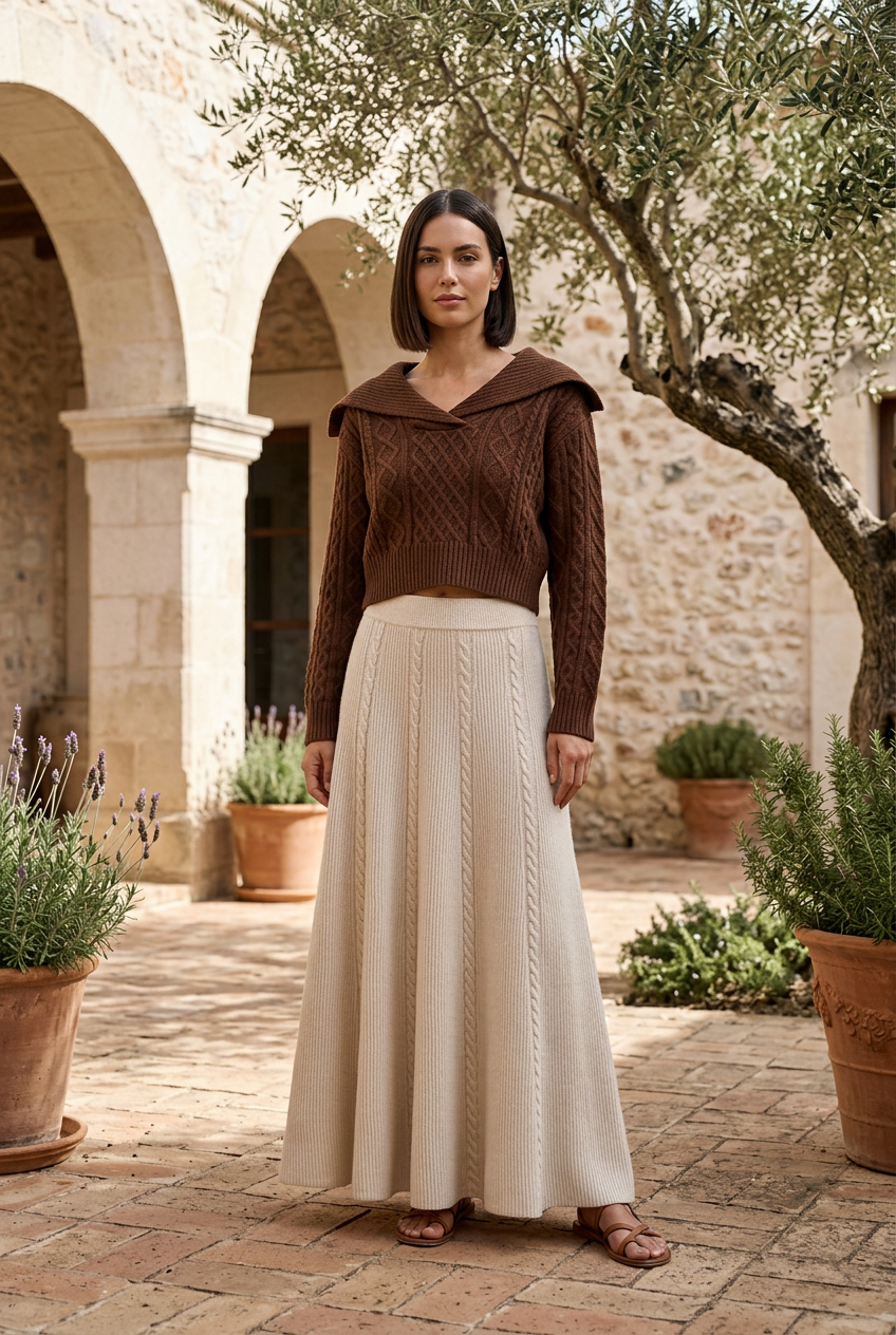 Brown sweater and beige skirt on model