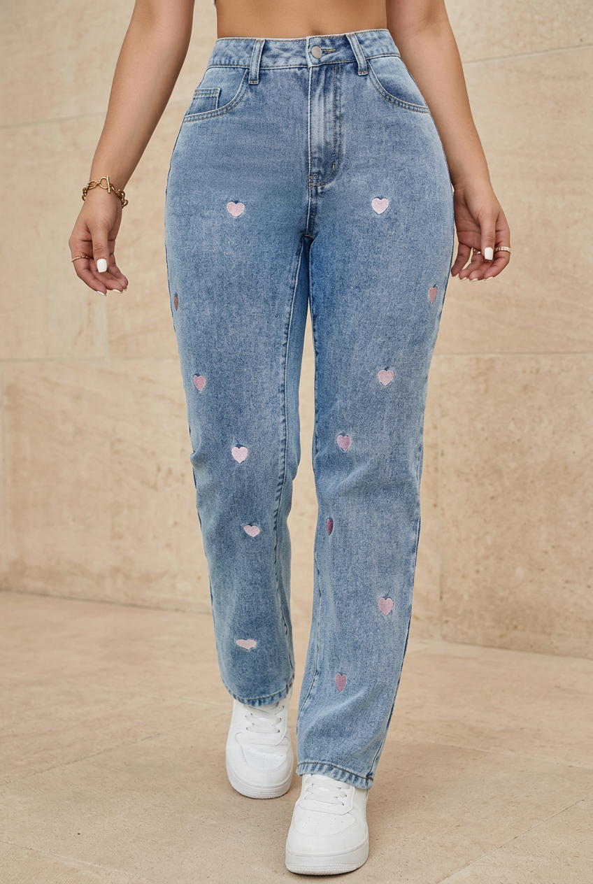 Embroidered blue jeans front view against beige stone background