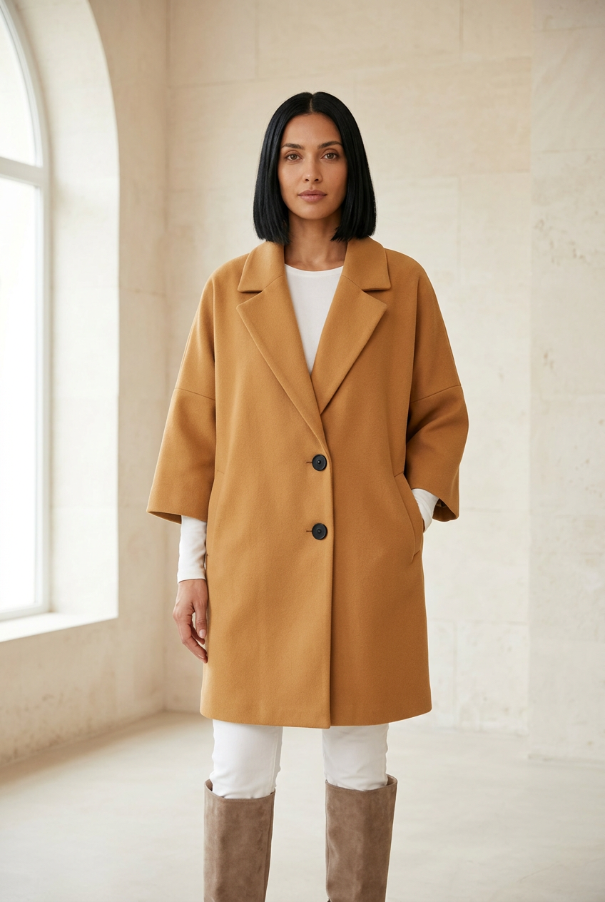 Héritage camel coat with two buttons in a stone gallery