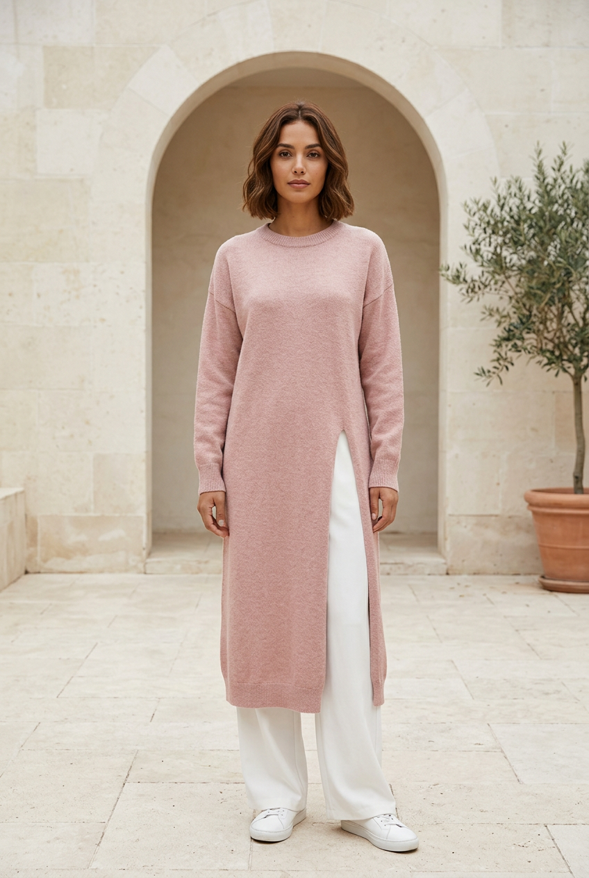 Muse pink knit dress in a limestone courtyard