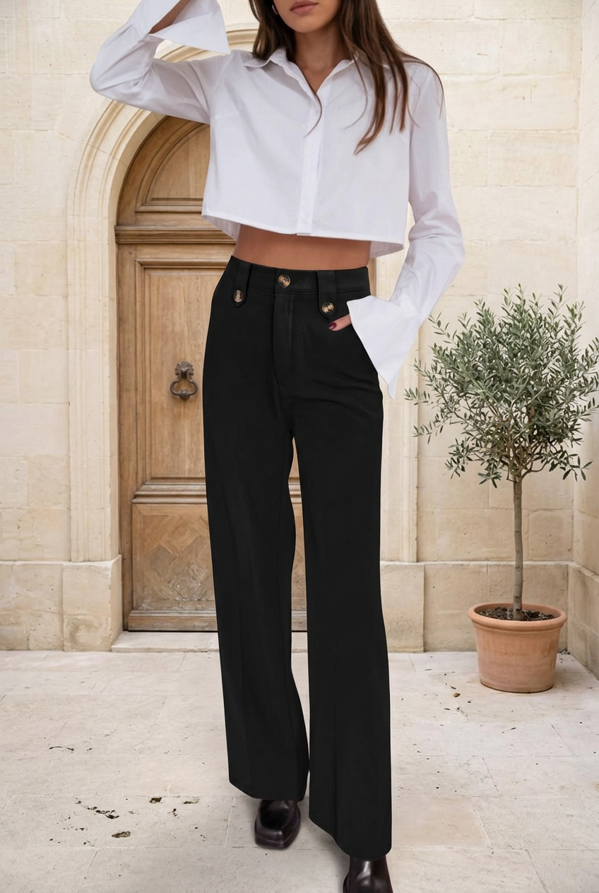 Margot black button-detail trousers in a limestone courtyard