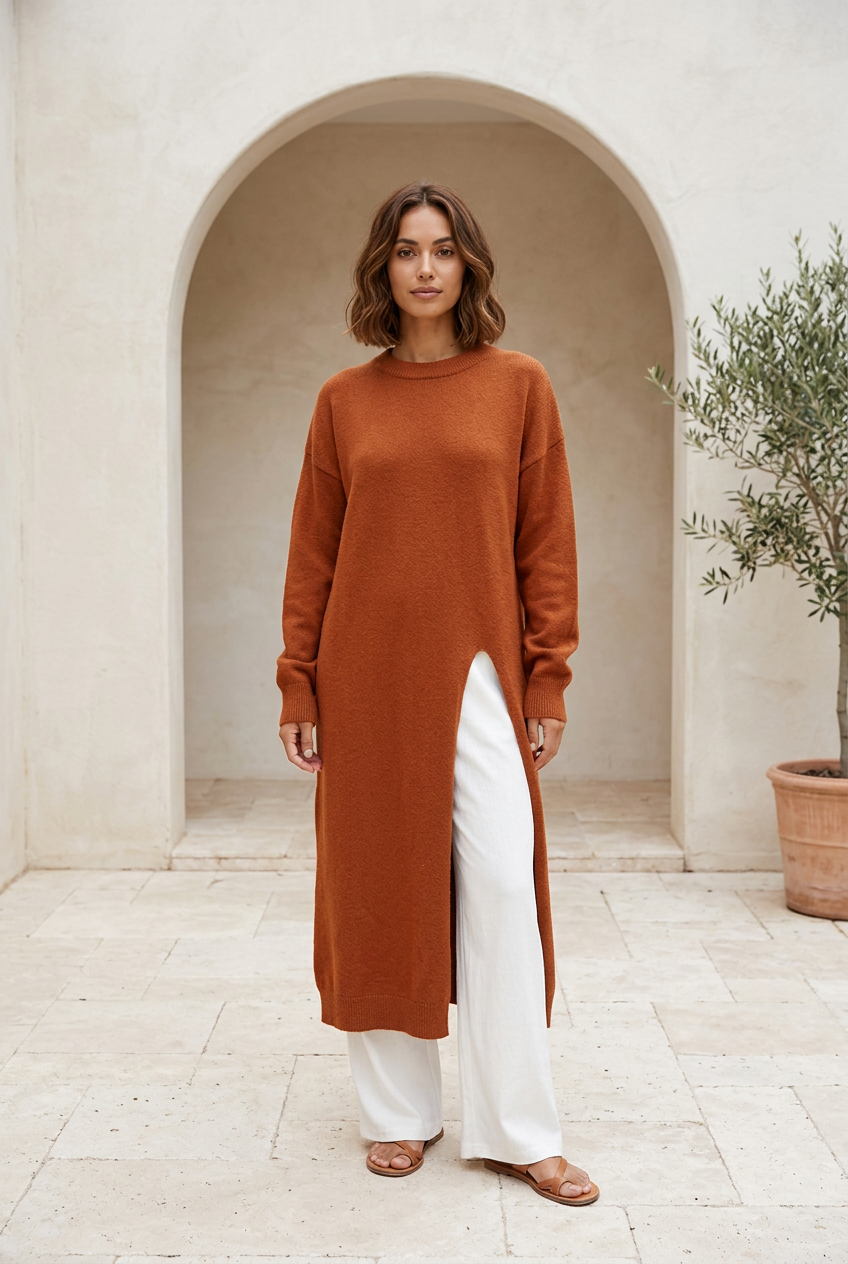 Muse rust knit dress in a limestone courtyard