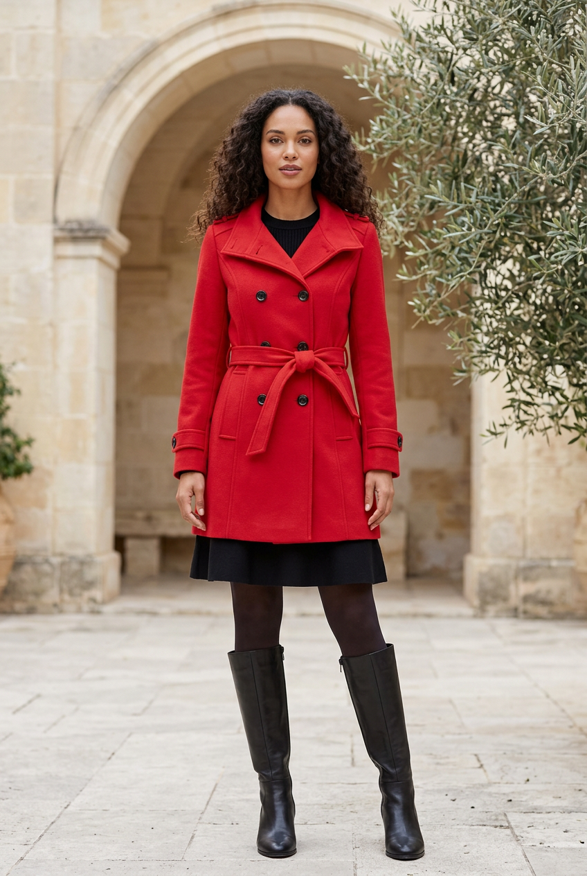 Sélène red belted coat in a limestone courtyard
