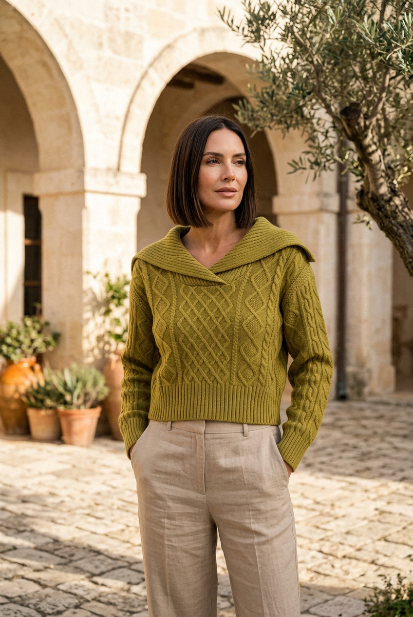 Green cable-knit sweater on model