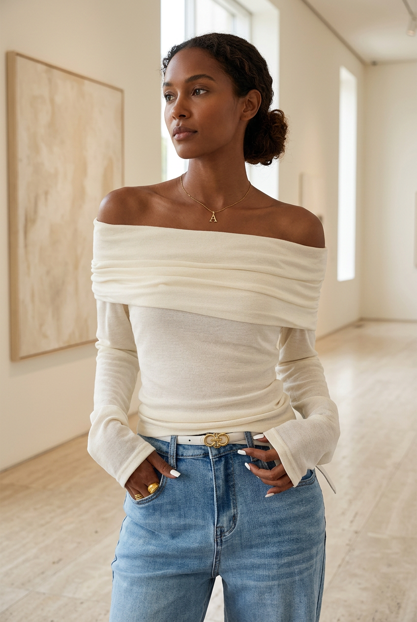 Daphné cream off-shoulder knit top, front view in an art gallery