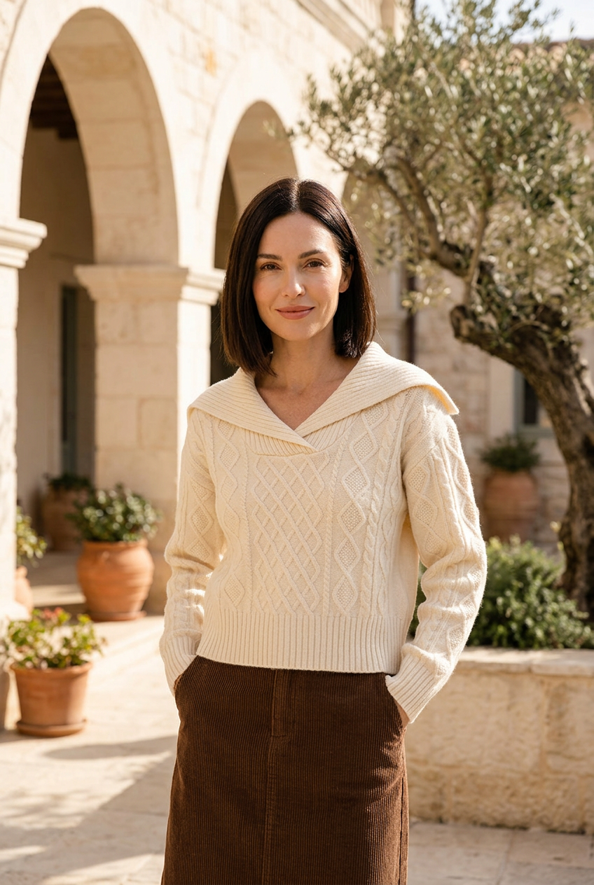 Beige cable-knit sweater on model
