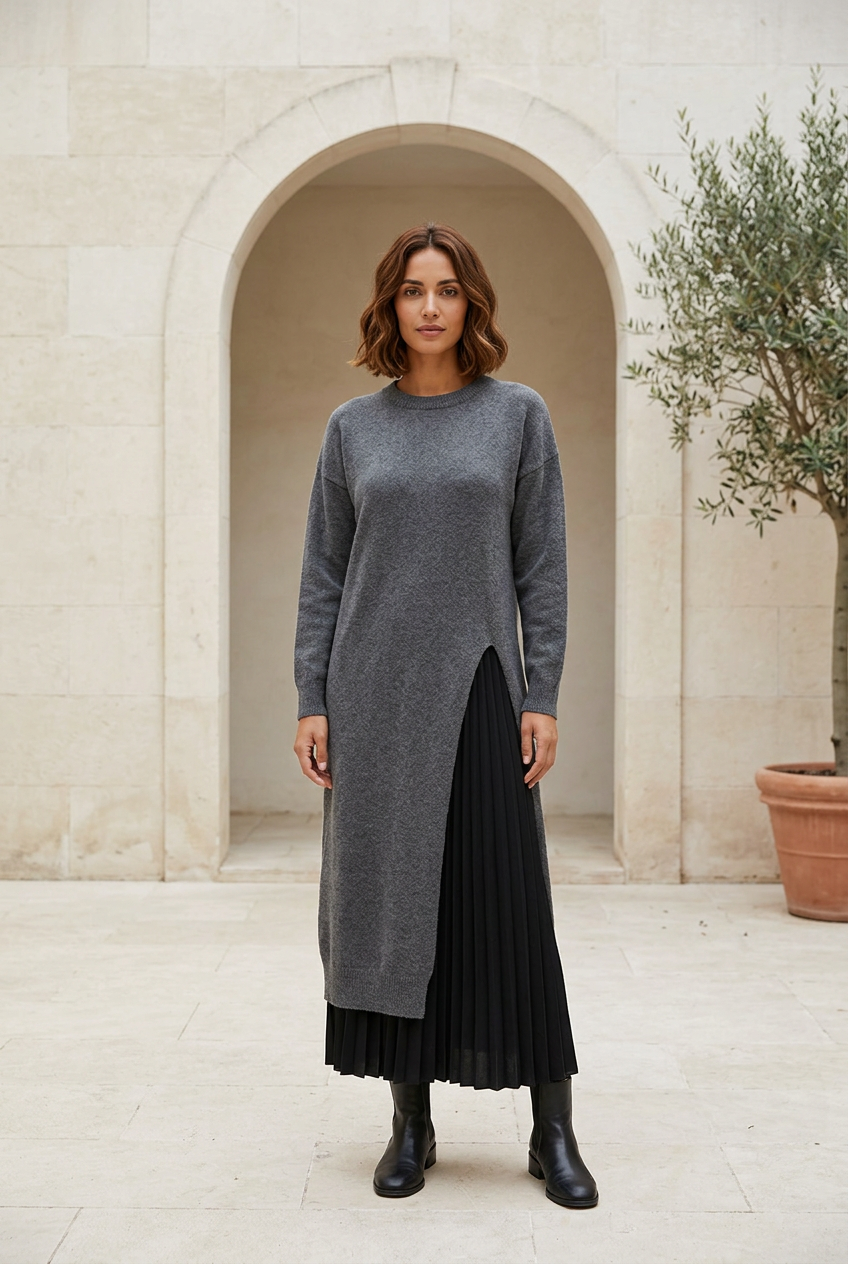Muse grey knit dress in a limestone courtyard