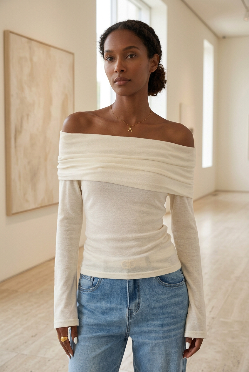 Daphné cream off-shoulder knit top, three-quarter view in the same art gallery