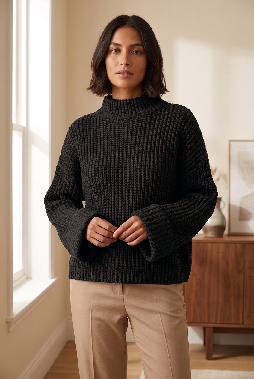 Coton black textured knit sweater on the same model