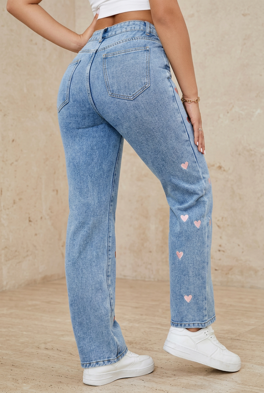 Embroidered blue jeans back view against beige stone background