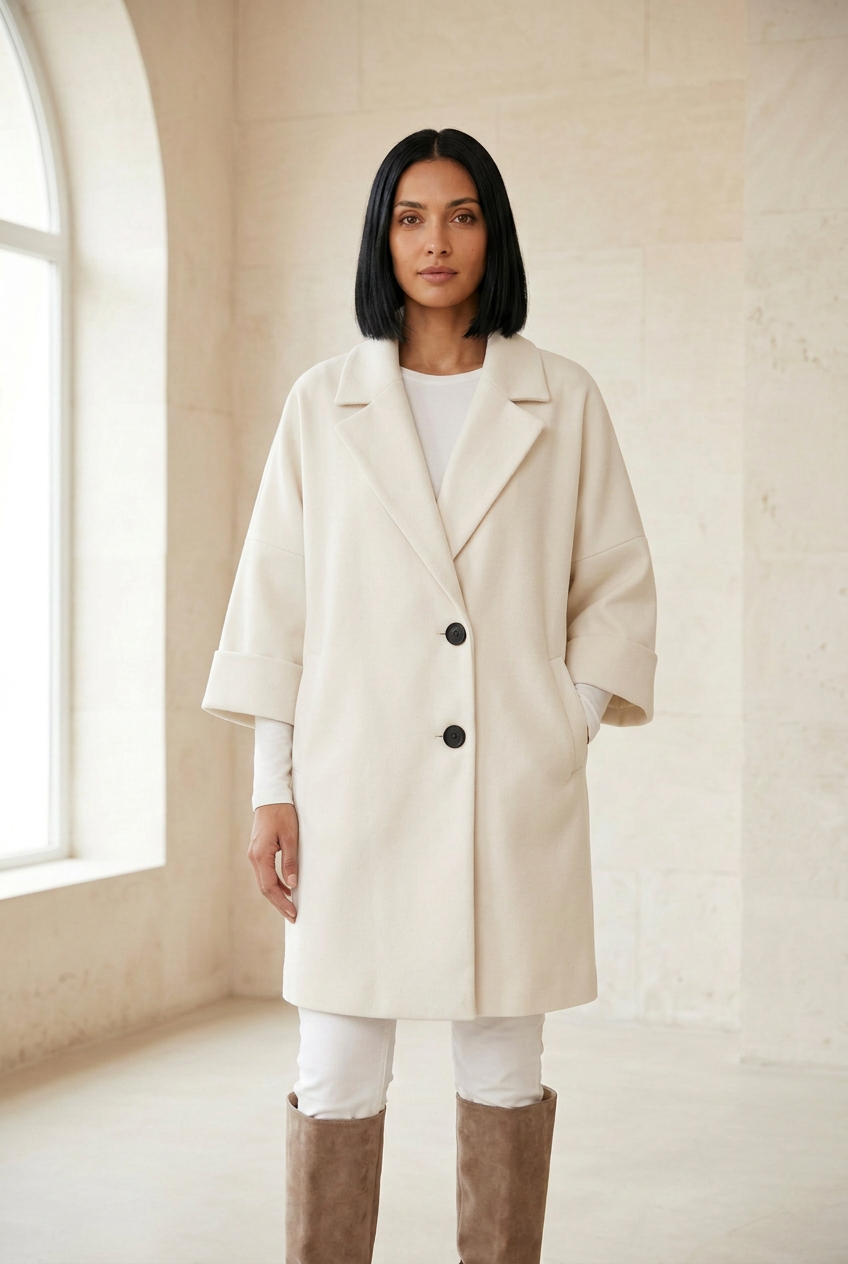 Héritage ivory coat with two buttons in a stone gallery