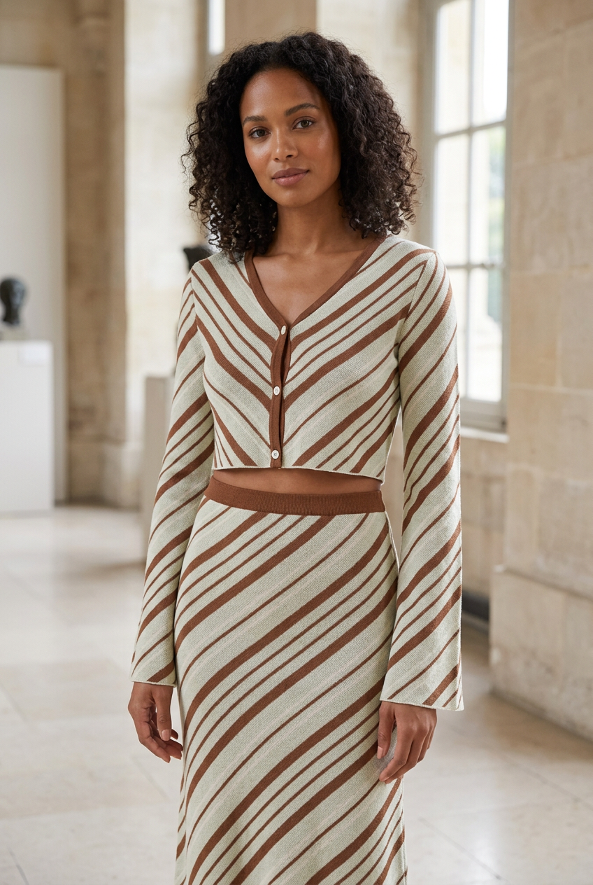 Verde striped knit cardigan and skirt set in a bright gallery
