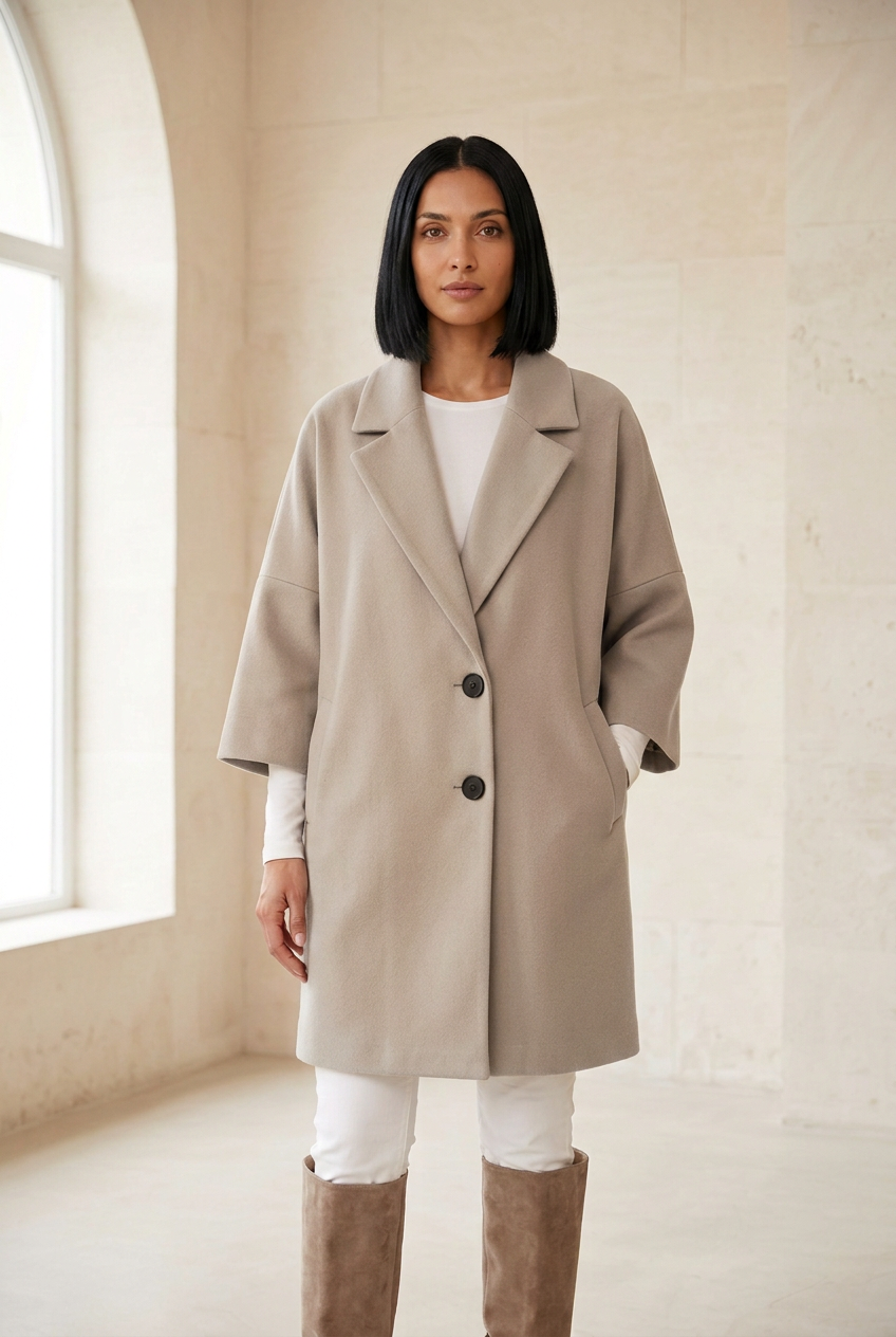 Héritage light grey-beige coat with two buttons in a stone gallery
