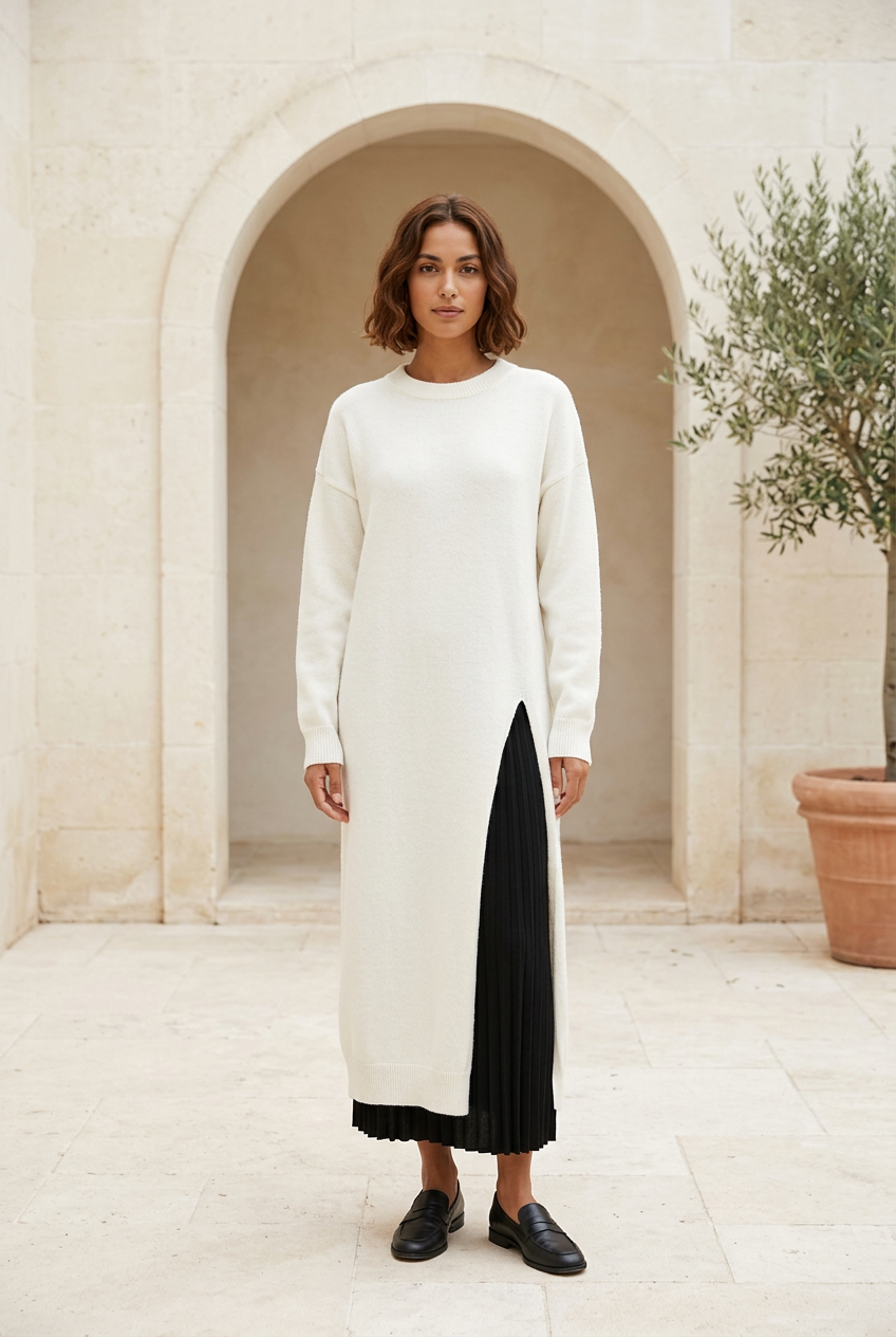 Muse white knit dress in a limestone courtyard