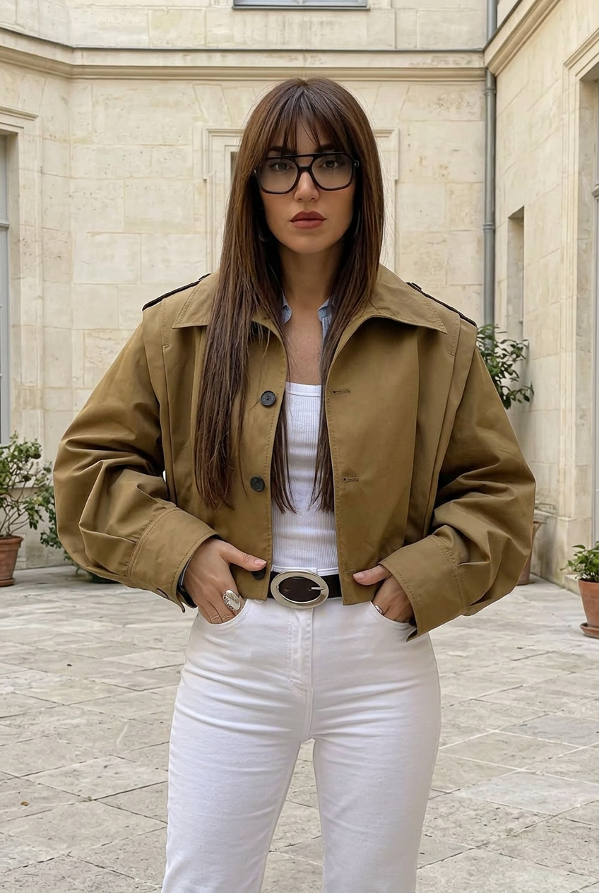 Terre jacket in a stone courtyard
