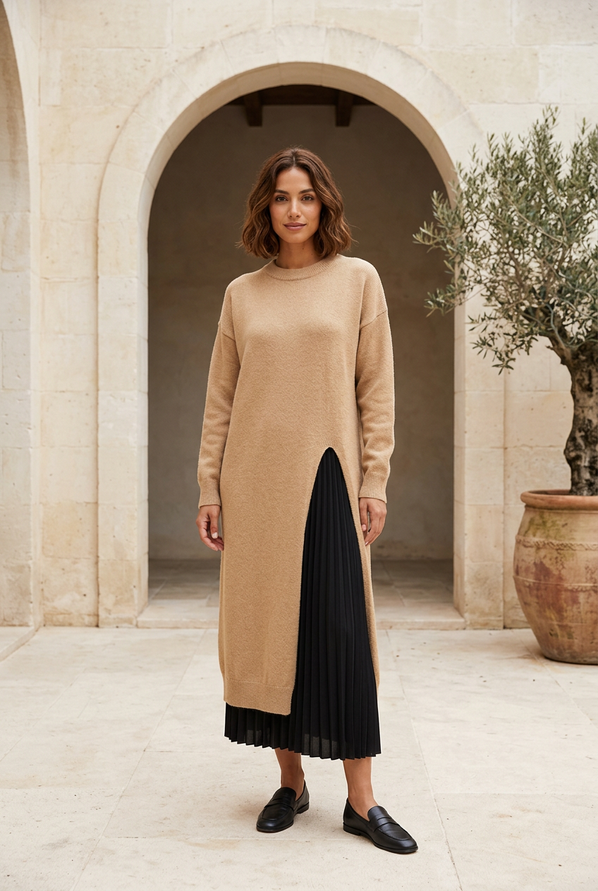 Muse beige knit dress in a limestone courtyard