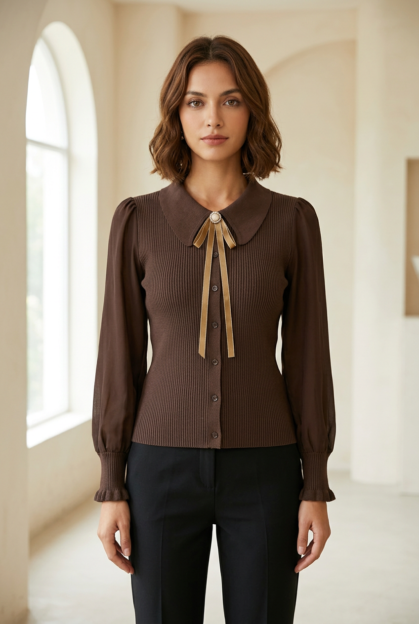 Amélie brown lantern-sleeve knit top in a bright gallery