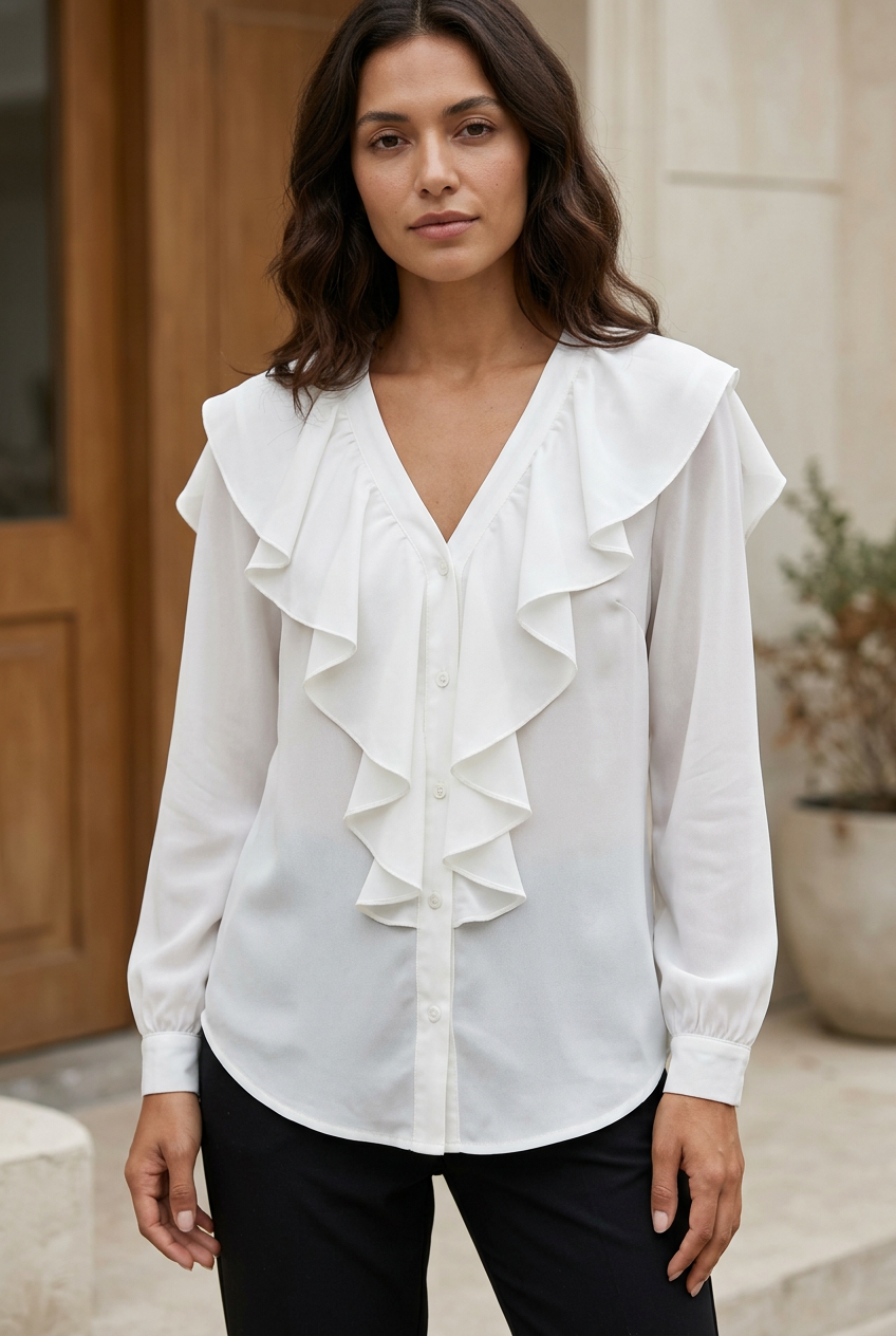Fleur white cascade-ruffle blouse on model at a cafe terrace