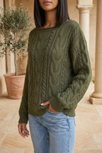 Quotidien olive cable-knit sweater, coordinated terrace view