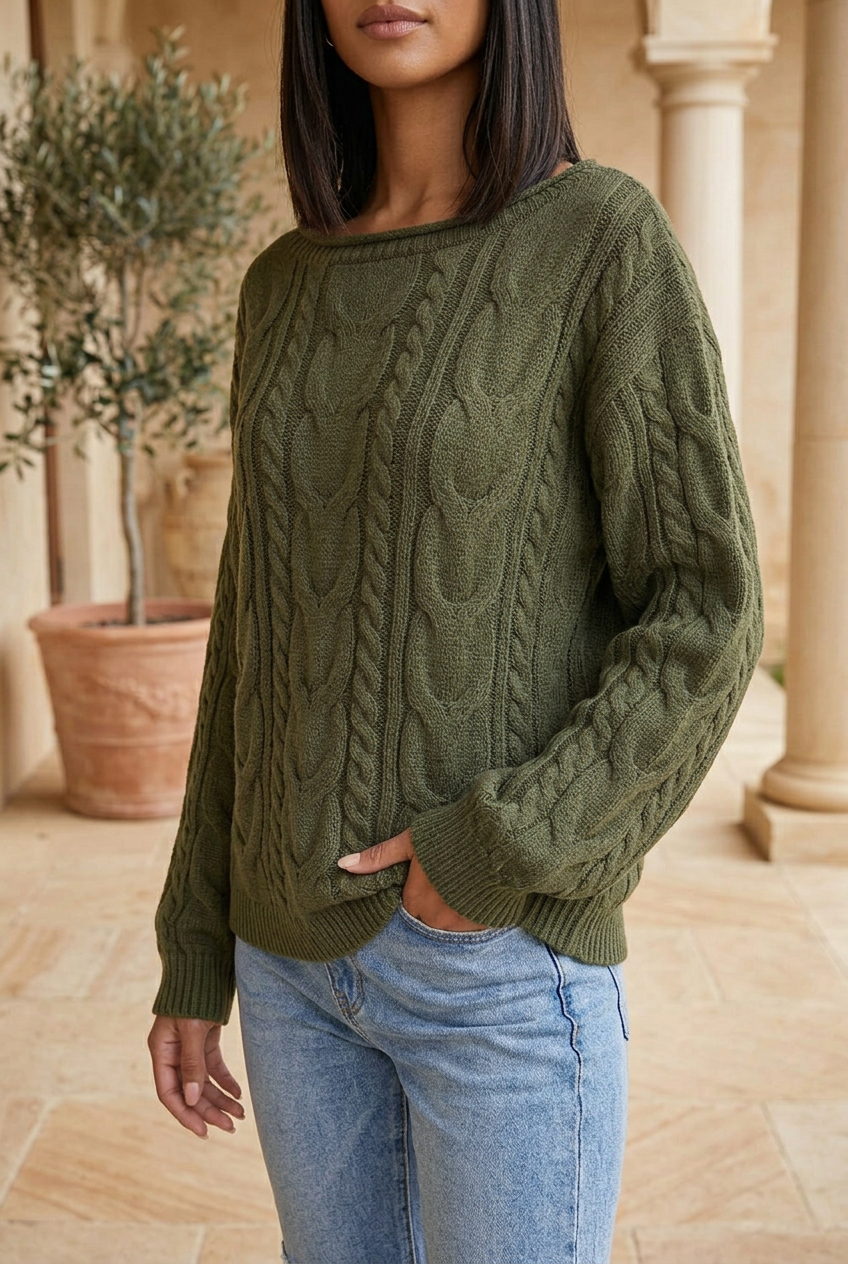 Quotidien olive cable-knit sweater, coordinated terrace view