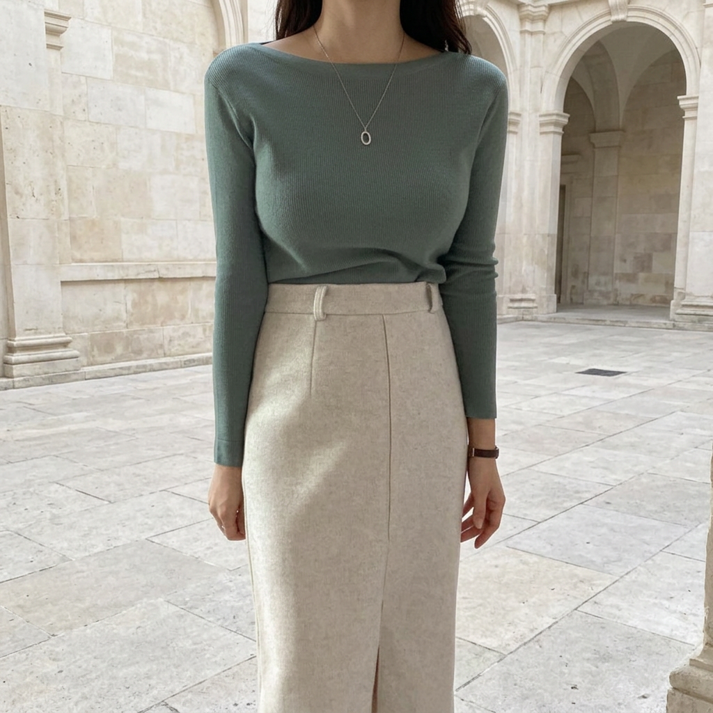 Oblique sage green knit top in a stone courtyard
