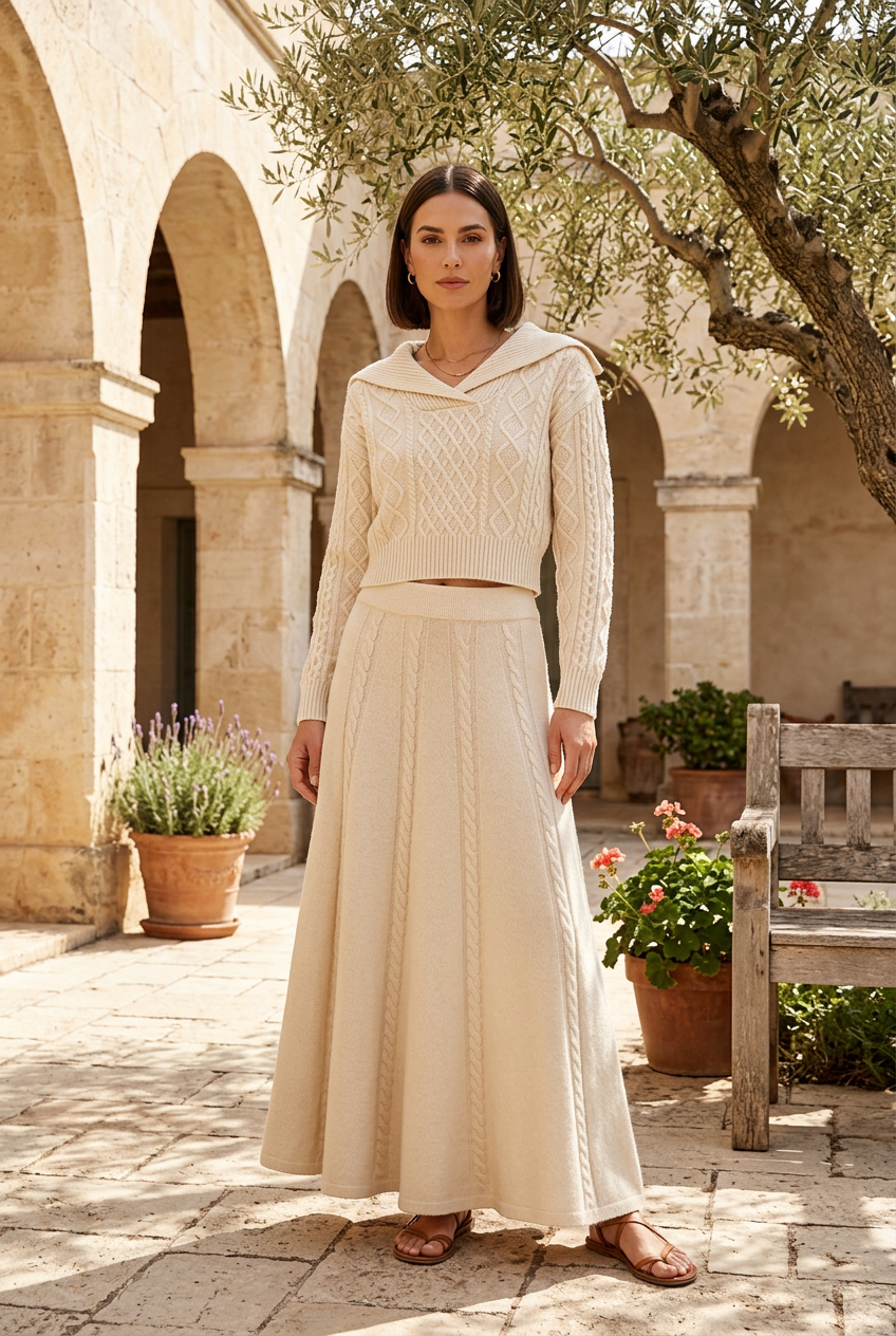 Beige sweater and beige skirt on model