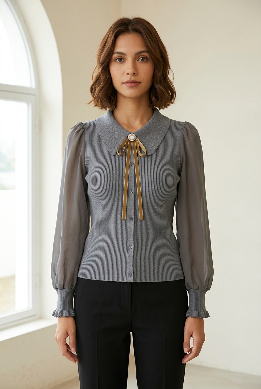 Amélie grey lantern-sleeve knit top in a bright gallery
