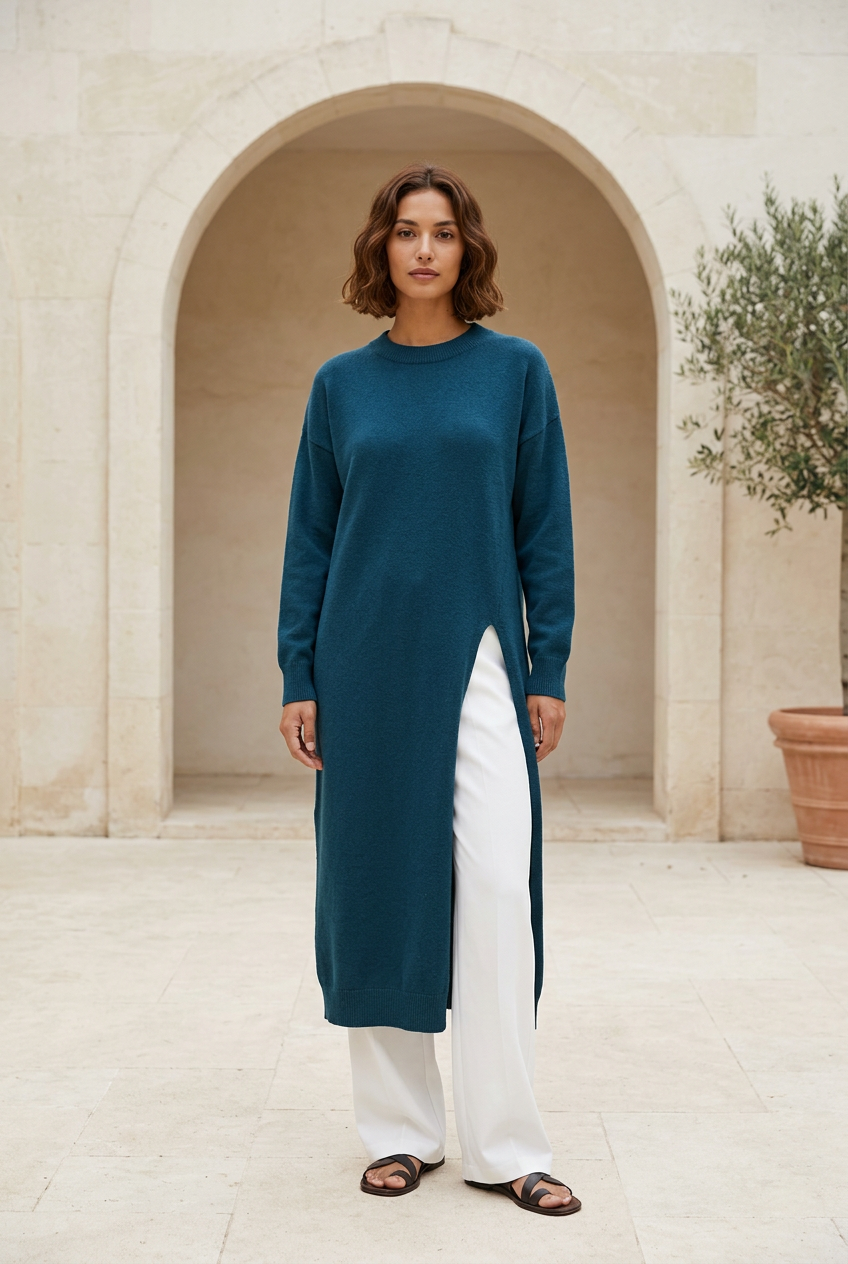 Muse blue knit dress in a limestone courtyard