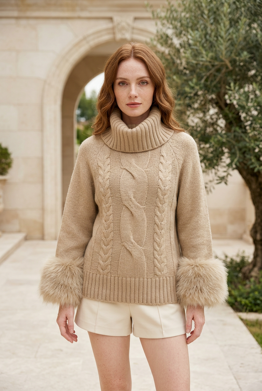 Essence khaki sweater with a red-haired model on a stone terrace