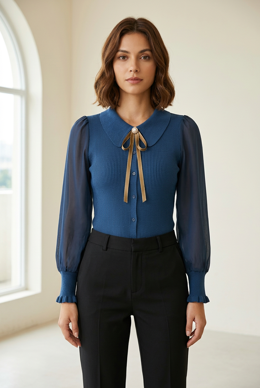 Amélie blue lantern-sleeve knit top in a bright gallery
