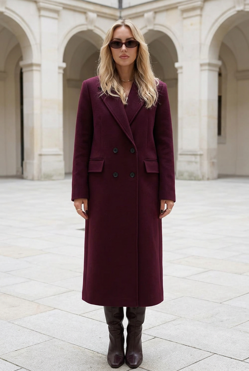 Bordeaux burgundy coat, front view in a stone courtyard