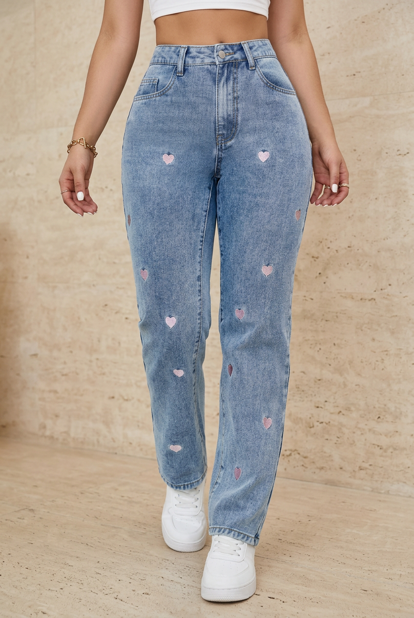 Embroidered blue jeans front view against beige stone background