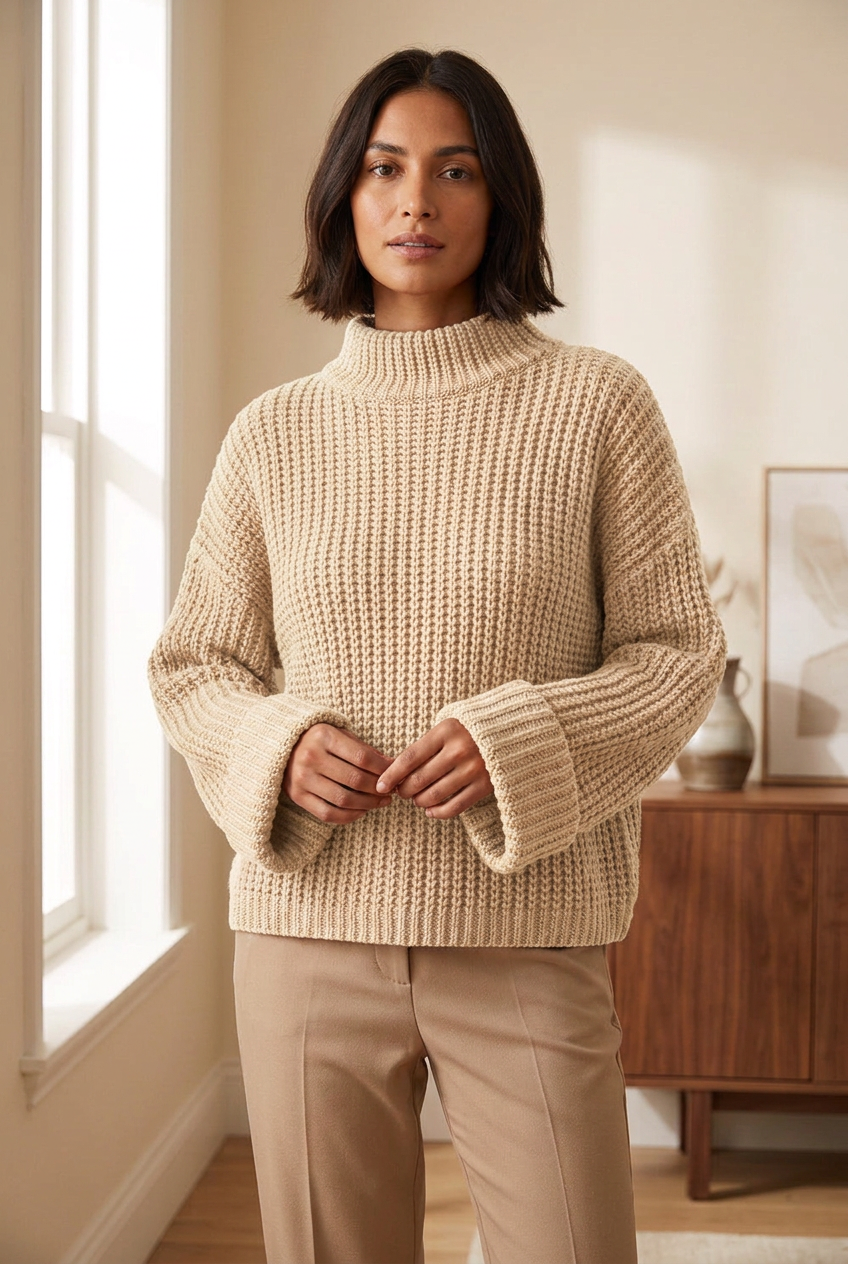 Coton cream textured knit sweater on the same model