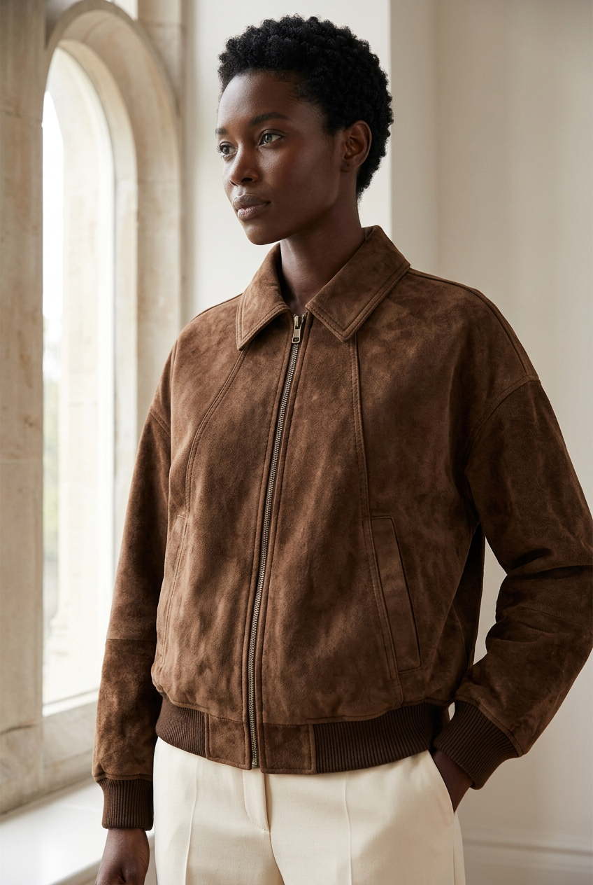 Velours brown suede-look jacket detail in a stone gallery