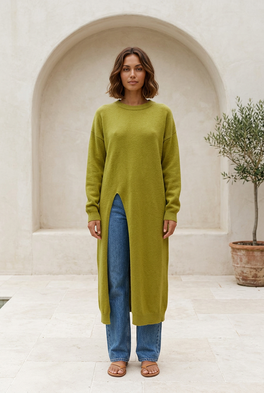 Muse green knit dress in a limestone courtyard