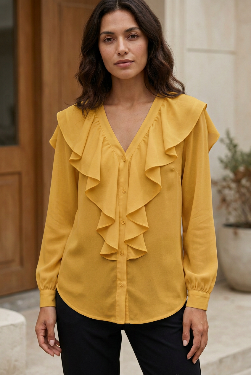 Fleur yellow cascade-ruffle blouse on model
