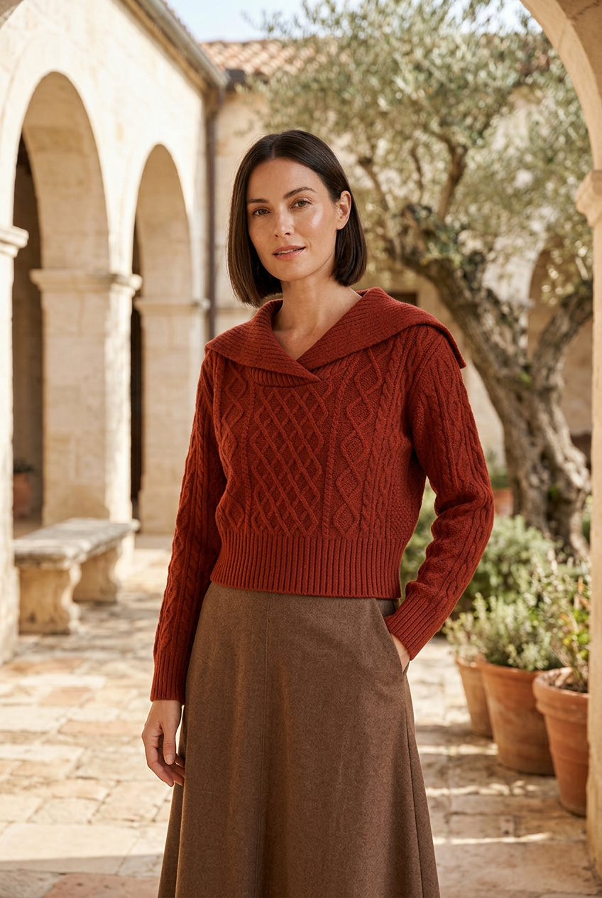 Red cable-knit sweater on model