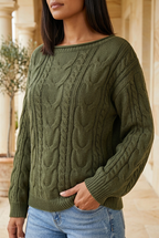Quotidien olive cable-knit sweater, three-quarter view