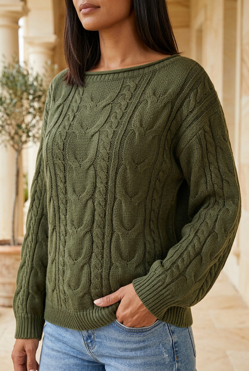 Quotidien olive cable-knit sweater, three-quarter view