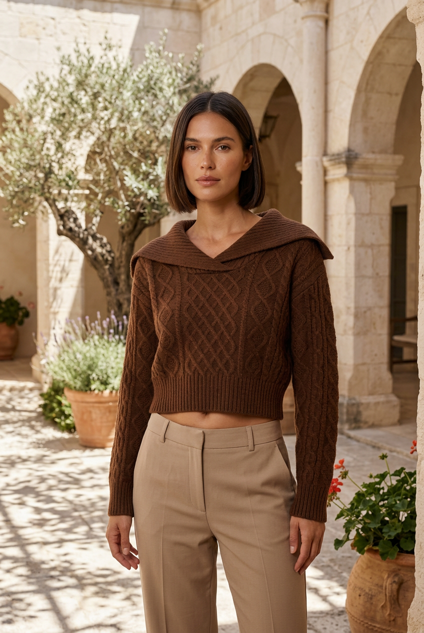 Brown cable-knit sweater on model