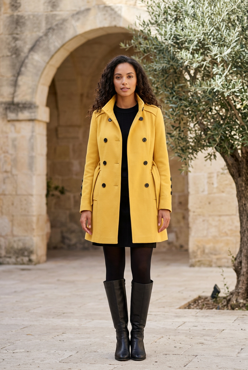 Sélène yellow belted coat in a limestone courtyard