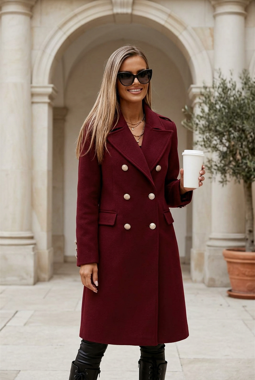 Avenue burgundy lapel coat in a limestone courtyard