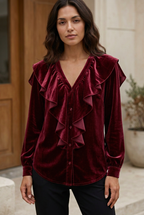 Fleur burgundy cascade-ruffle blouse on model